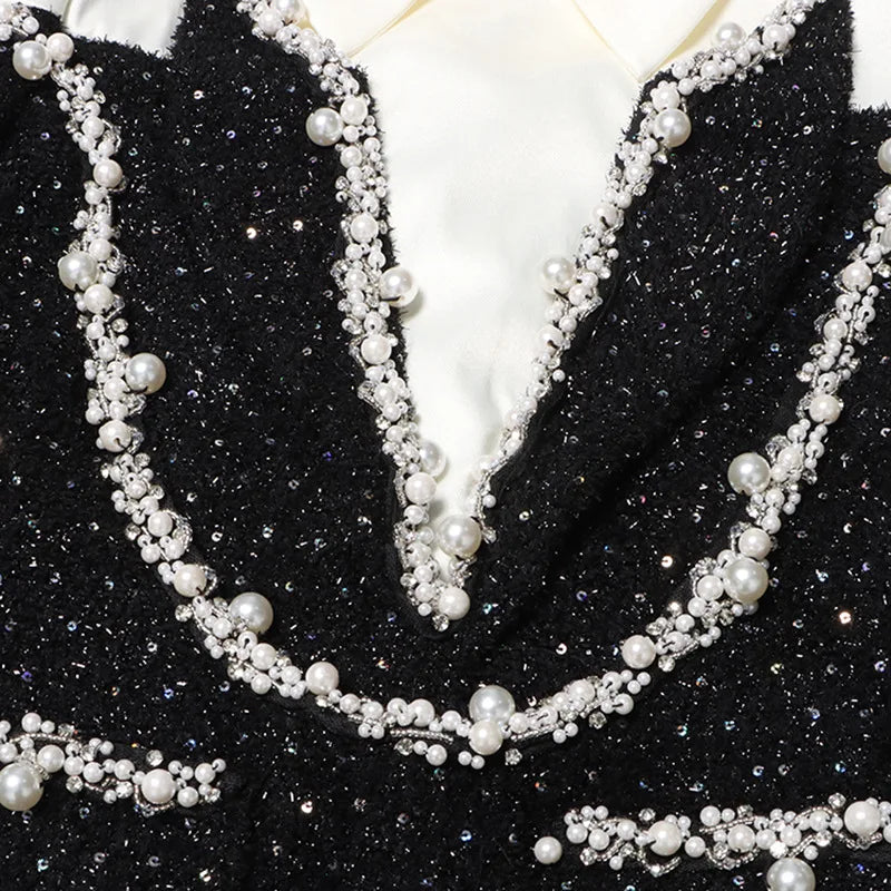 2025 Dress Women Female Clothing Fashion Summer New Sequined Contrast Color Heavy Beading Slim Fit Long Sleeve A-line Dress