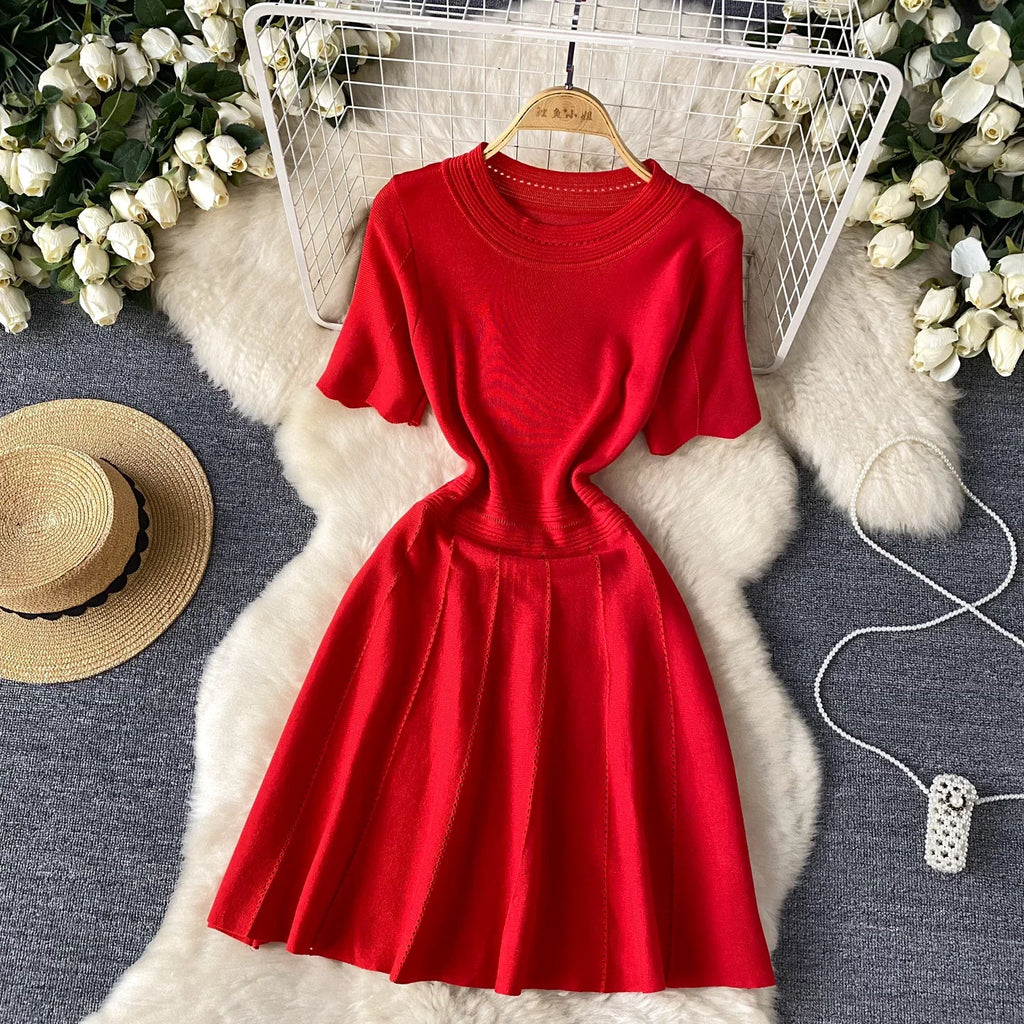 Red Senior Solid Knitting Dress Ladies O-Neck Short Sleeve Hollow Out Design Elastic Knitted Fashion Basic A-Line Dress