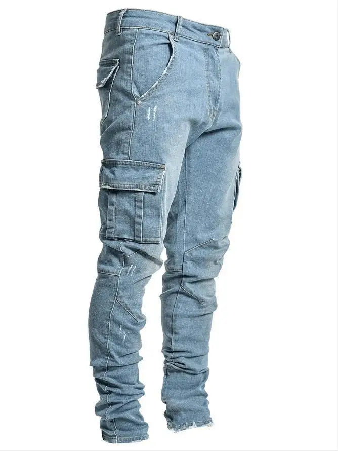 Street Elastic Jeans Men Denim Cargo Pants Wash Solid Color Multi Pockets Casual Mid Waist Trousers Slim Fit Daily Wear Joggers