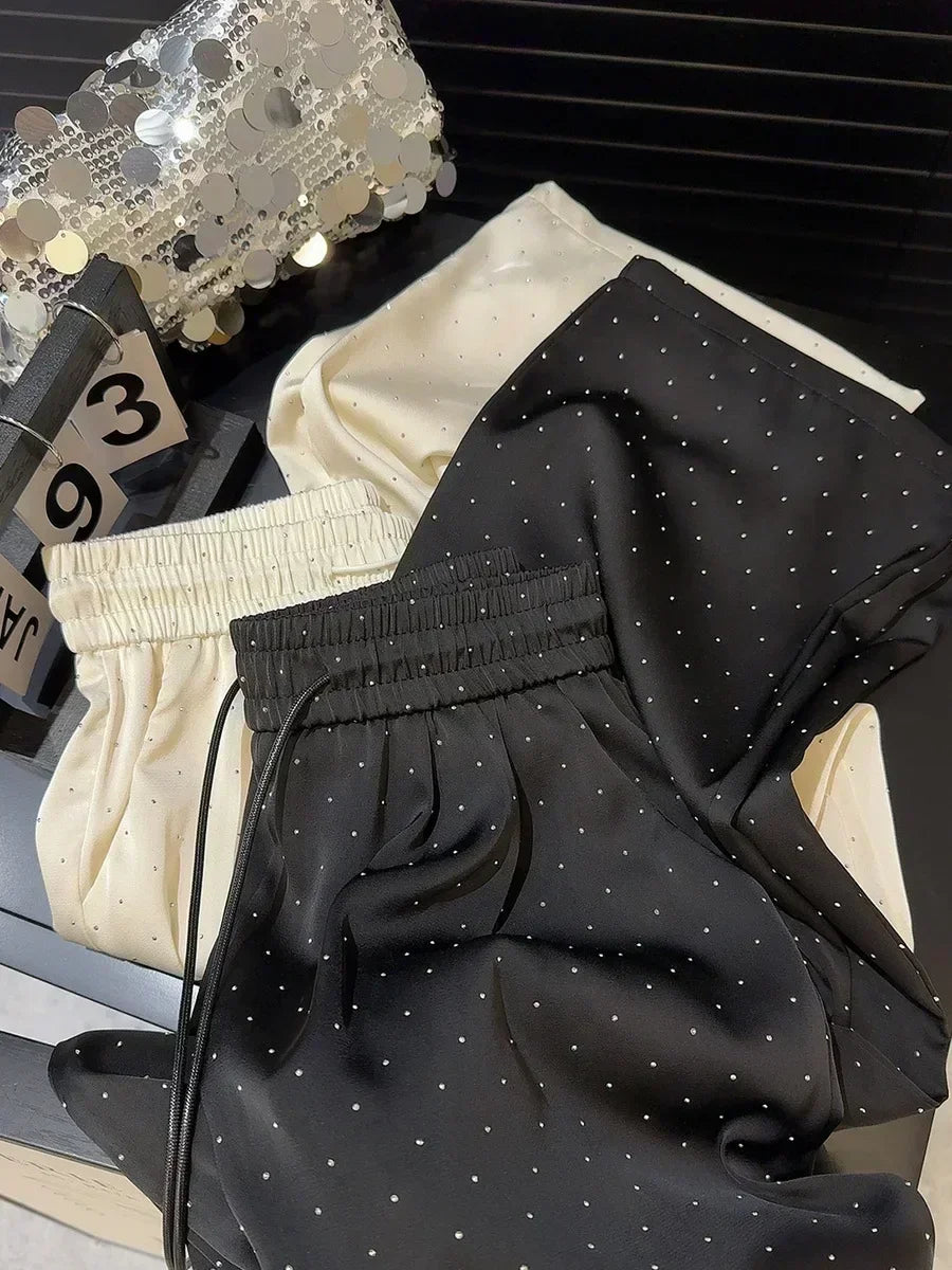 2026 High Quality Luxury Full Rhinestone Wide Leg Pants Fashion New Drawstring High Waist Straight Pants Ladies Casual Trousers