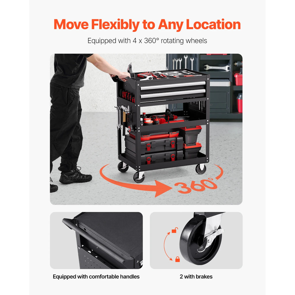 SucceBuy 5-Tier Tool Chest 2-Drawer Rolling Tool Work Cart with Locking & Pegboard Tools Storage Organizer for Garage Warehouse