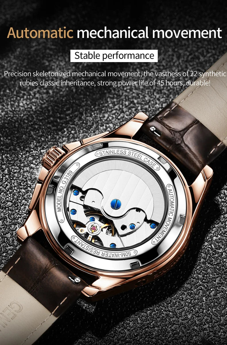 OUPINKE 3189 Automatic Watch for Men Genuine Leather Strap Waterproof Moon Phase Man Watches Luxury Men's Mechanical Wristwatch