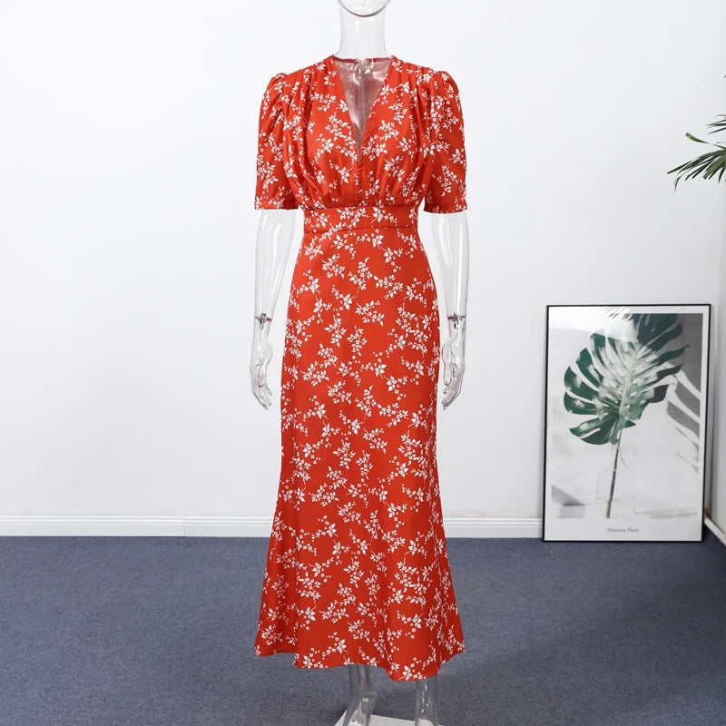 Sexy Deep V-neck Women's Floral Print Dresses 2026 Summer Elegant Waist-cinching Short Sleeve Pleated Long Robes Ladies Dress