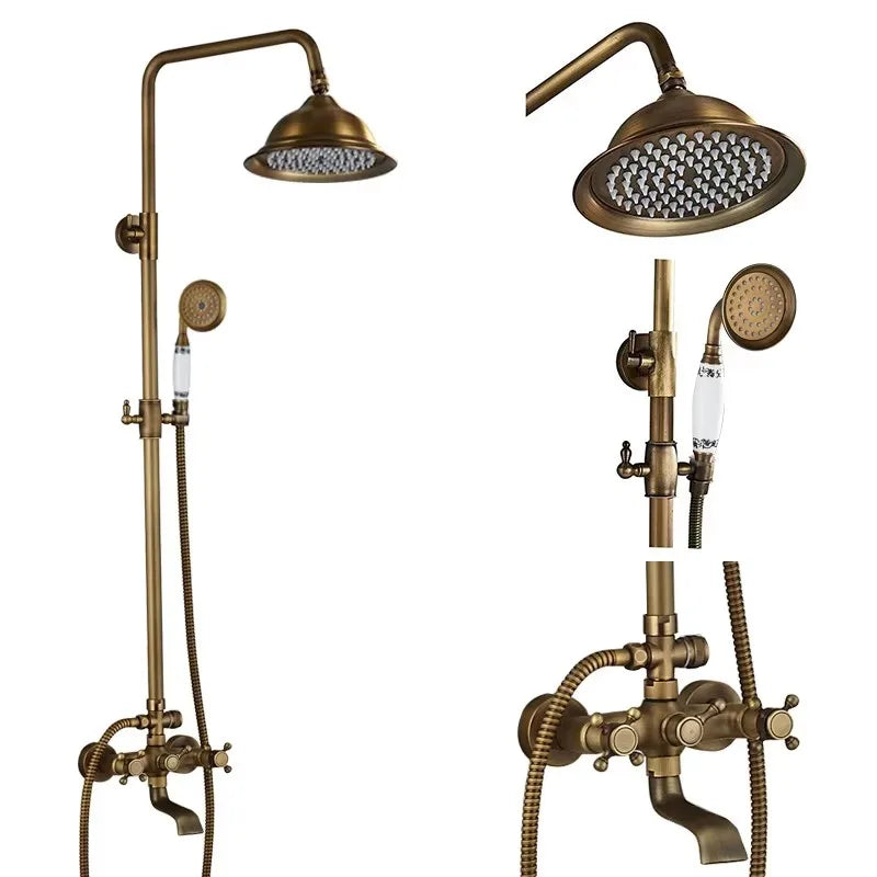 Antique Brass Shower Faucet Set Rainfall Head Shower with Handshower Wall Mount Dual Handle Mixer Bathroom Shower System