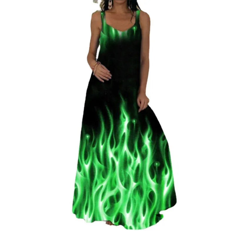 Women's Fashionable Flame Printed Sleeveless Dress  Summer Casual Printed Long Dress