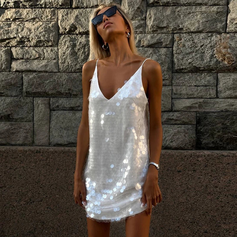 Sexy Lace Sequined Patchwork Women's Dress Sling Hollow Out Waist-Closed Lady Mini Dresses 2026 Summer Autumn Chic Female Robe