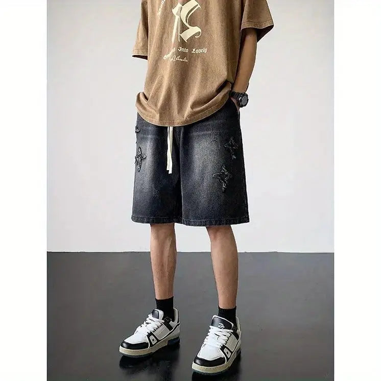 Embroidered Denim Shorts Men's Summer American Retro Street Five-point Pants Trendy Brand Trendy Loose