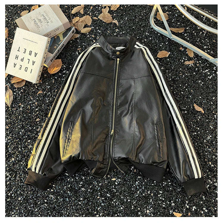 Men's Brown Leather Jacket American Retro Patchwork Striped Outerwear Youthful Style Summer Biker Coat Long Sleeve Zipper Clo...