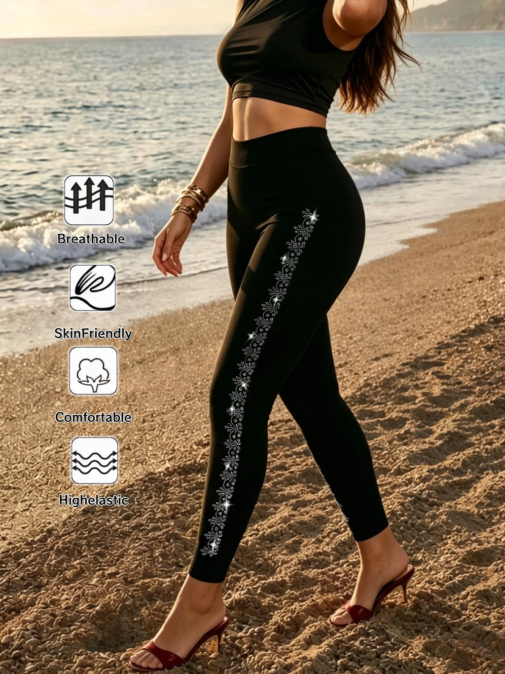 Women's Black High Waist Rhinestone Snowflake Leggings Slim Fit Stretch 9/10 Length Casual Tights