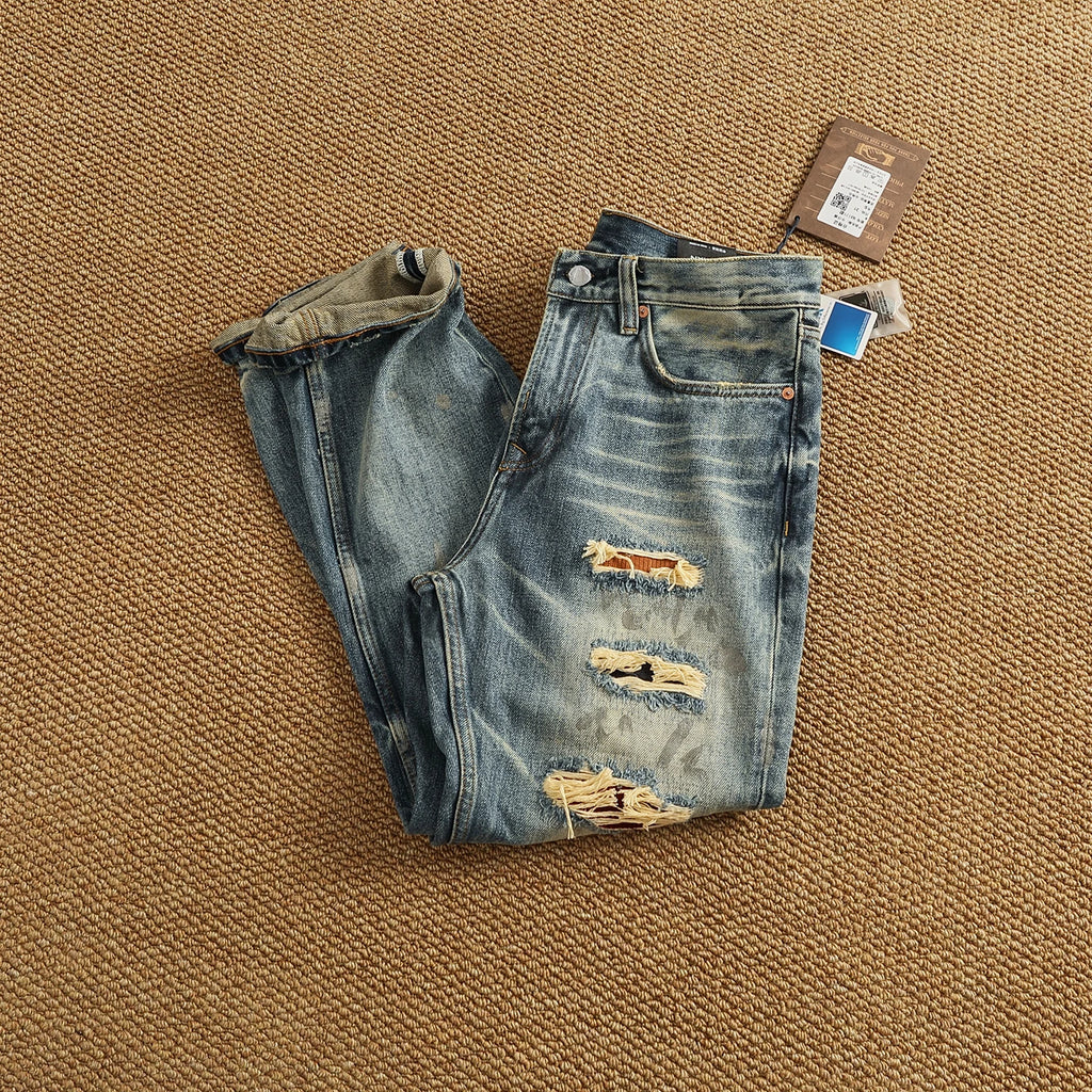 2025 Autumn New American Retro Heavyweight Ripped Denim Men's Fashion 100% Cotton Washed Old Straight Tapered Casual Jeans