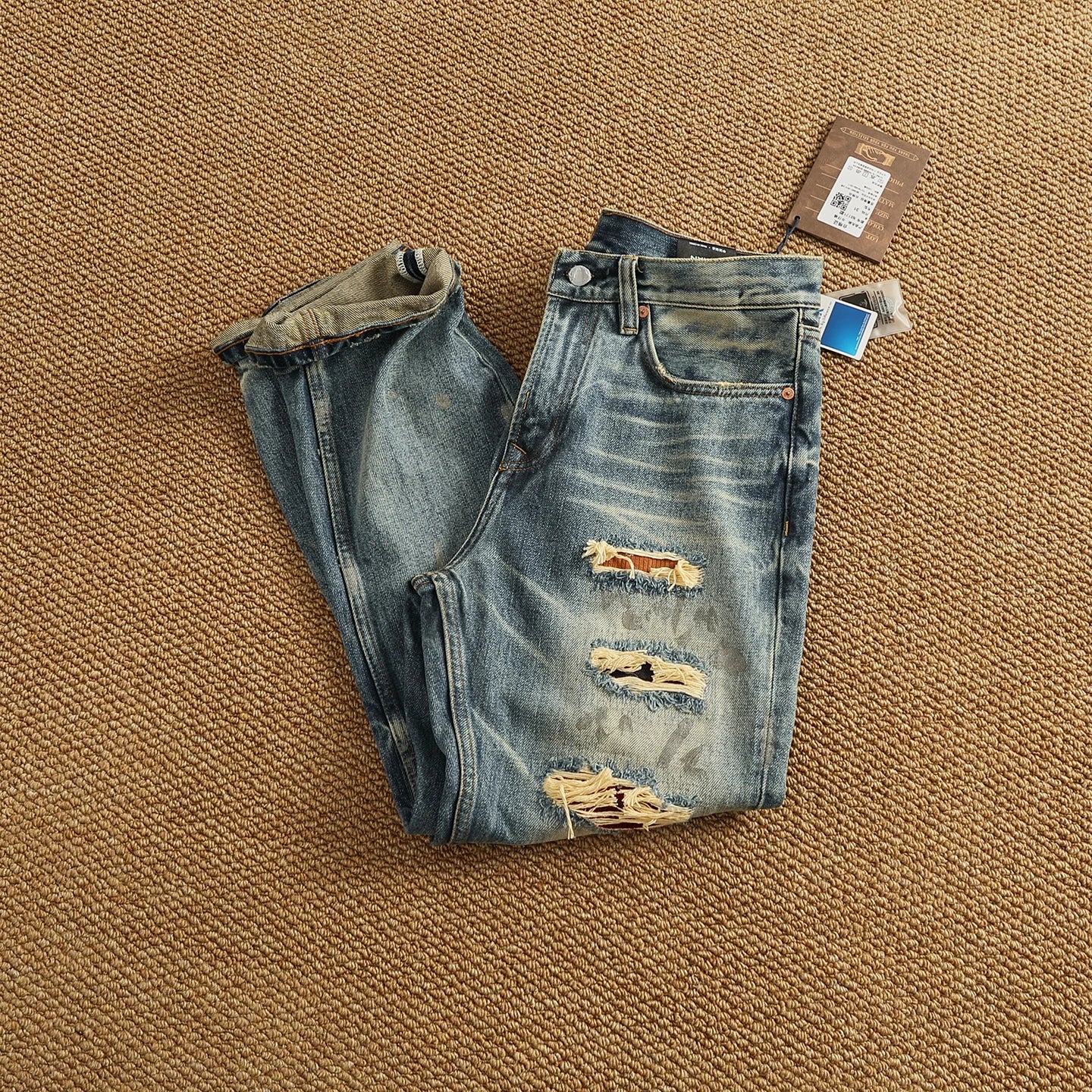 2025 Autumn New American Retro Heavyweight Ripped Denim Men's Fashion 100% Cotton Washed Old Straight Tapered Casual Jeans
