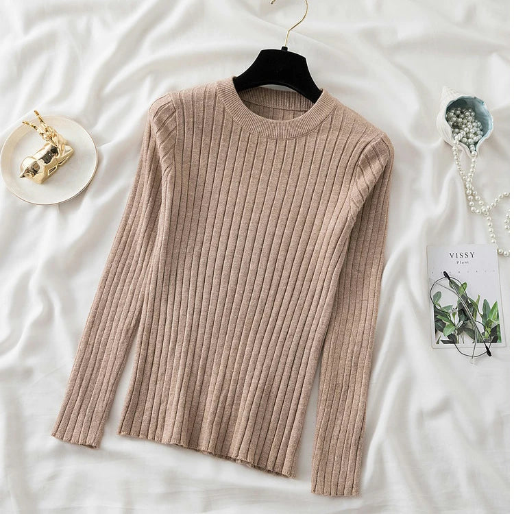 Women Pullovers Sweaters Knit Soft Jumper tops New Autumn Winter Tops O-Neck Ribbed Long Sleeve Korean Slim-fit Female Sweater