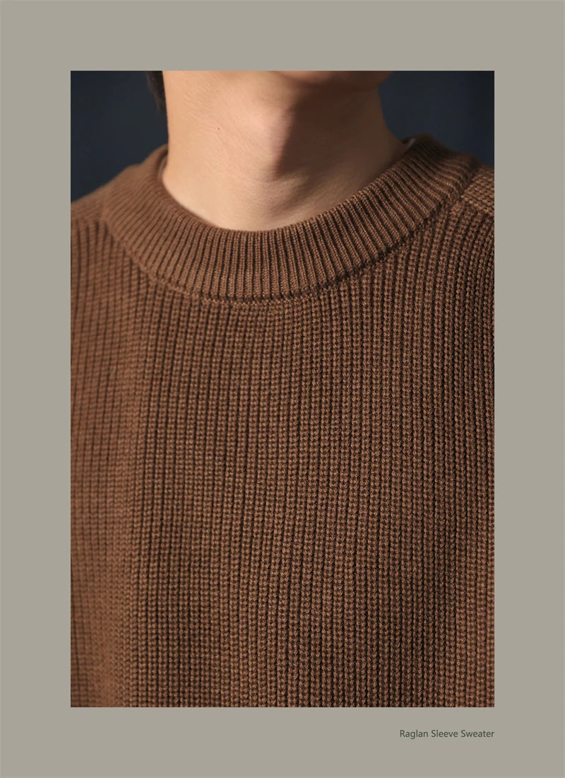 Classic Raglan Sleeve Crewneck Sweater Vintage Style Men's Wool Blend Knitted Pullover Jumper Thick
