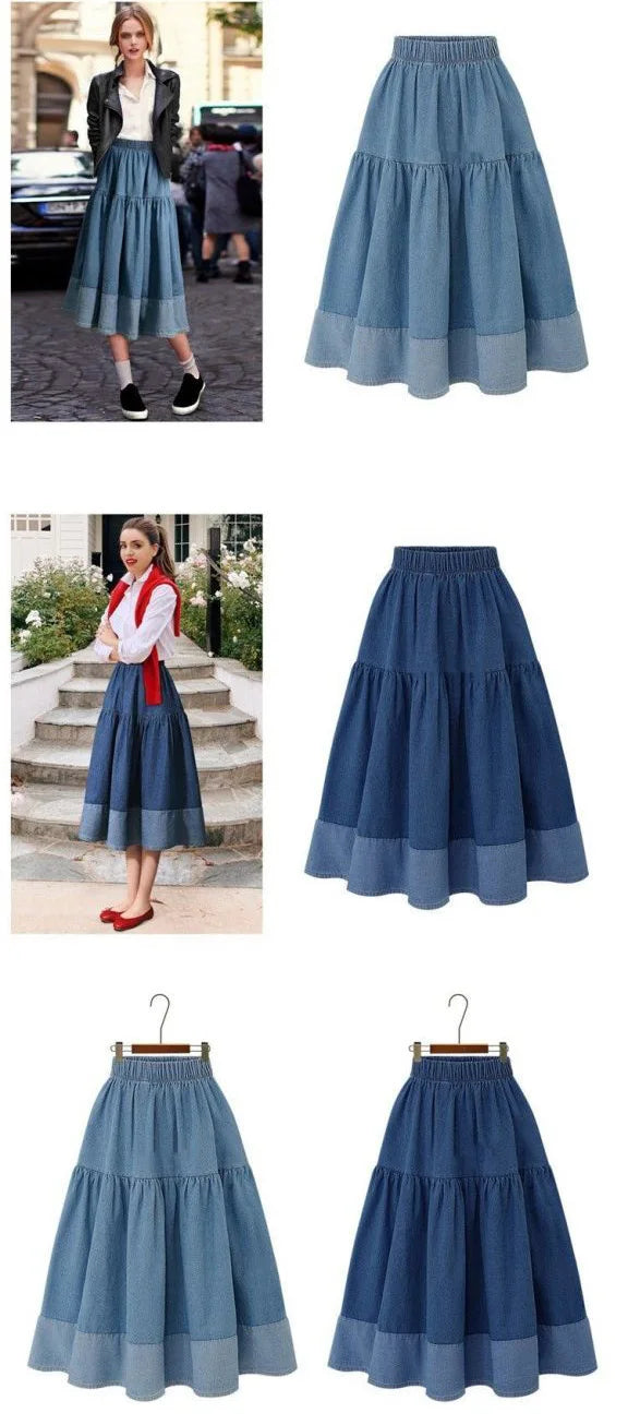 Blue Denim Skirt Womens High Waist Tiered Long Skirts Denim Elastic Casual Dress Elastic Waist A Line Jeans Skirt Girls Clothes