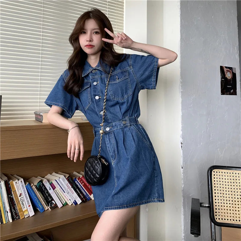 Women Vintage Denim Shirt Dress High Waist A-line Jean Mini Dress for Ladies Retro Y2K Streetwear Dresses for Women Party Outfit