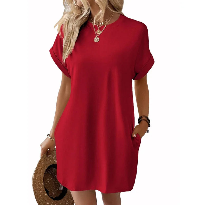 New women's spring and summer fashionable temperament casual commuting solid color round neck loose short sleeved pocket dress