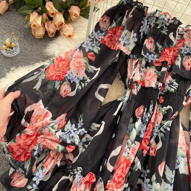 2025 New Retro Summer Beach Vacation Dress Women Sexy Strapless Lantern Sleeve Sweet Floral Jumpsuit Short Chiffon Print Dresses