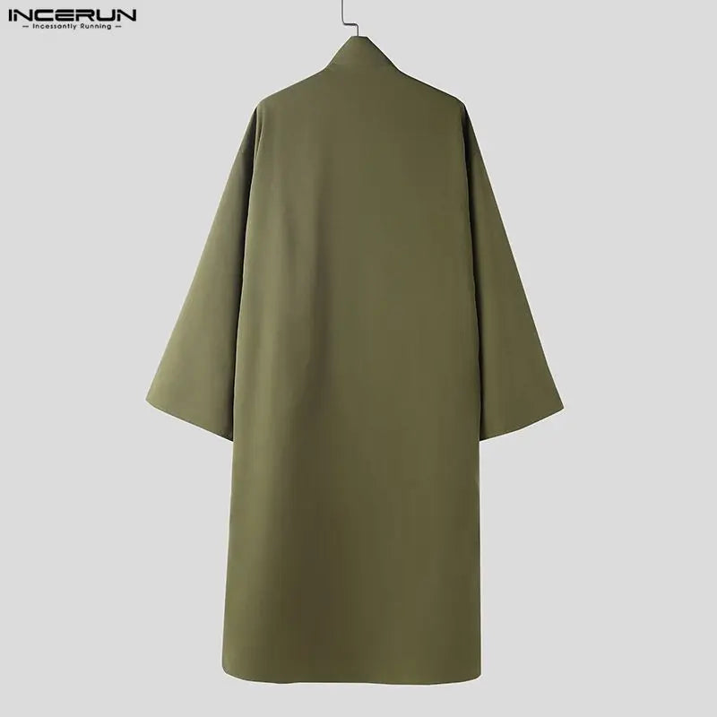 INCERUN Men Long Style Shirt Solid Stand Collar Long Sleeve Male Tops Camisas Streetwear Triple Breasted Fashion Men Clothing