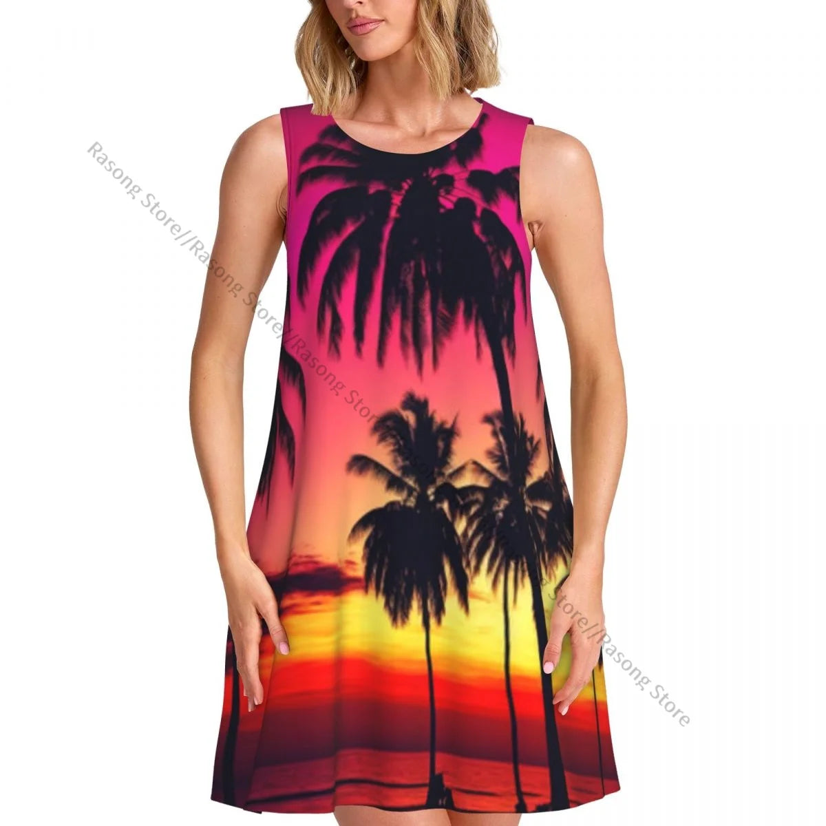 Women's Dress Colorful Sunset On Tropical Ocean Beach With Coconut Palm Trees Summer Casual T Shirt Beach Cover up Tank Dress