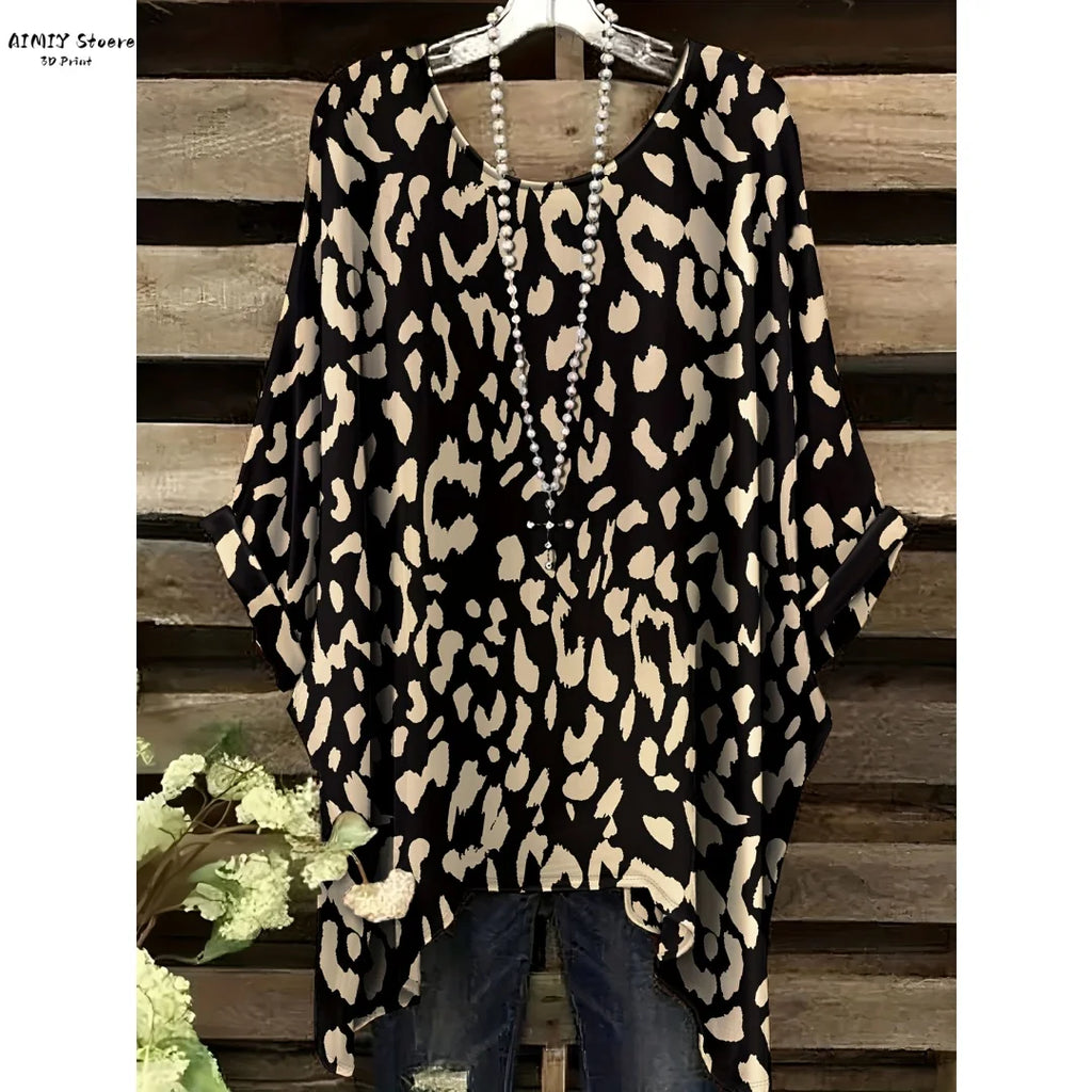 Women's Elegant Bohemian Starry Night Print T-Shirt White All-Over Dots with Asymmetrical Hem, Round Neck Casual Fashion Women