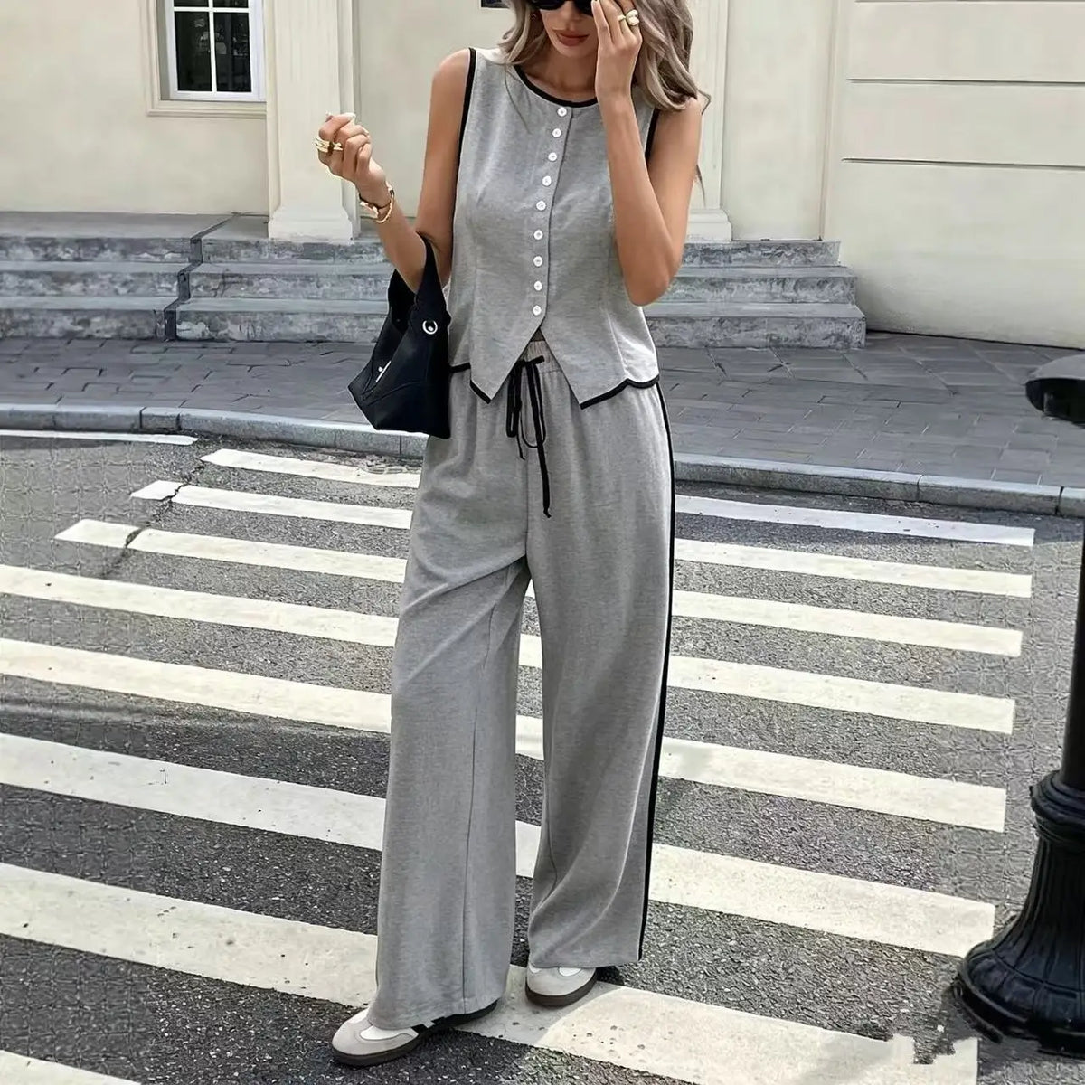 2026 Summer Female Vest Pants Set Solid Sleeveless V-Neck Top High Waist Casual Loose Pant Two-piece Set Office Lady Suit Street