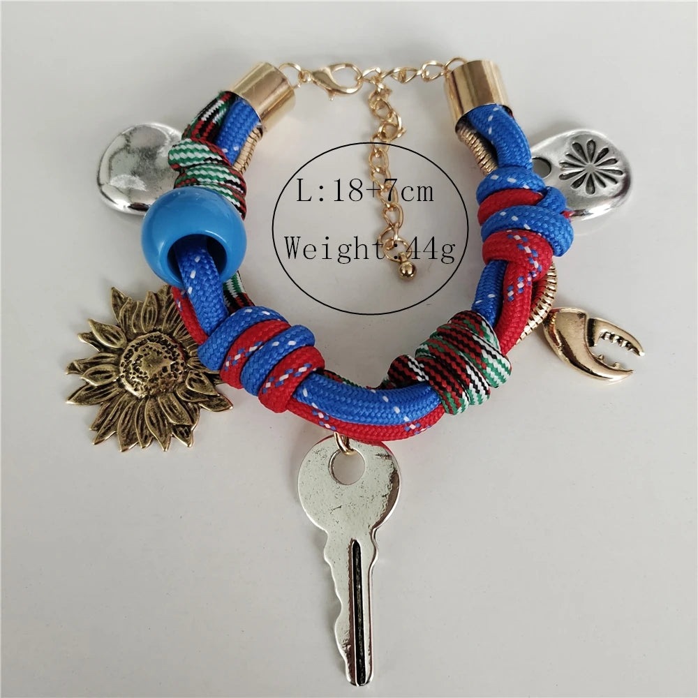 Fashion Trend Retro Sun Key Pendants Hand Woven Rope Choker Necklace Women Indian Ethnic Vintage Statement Necklace Lady Jewelry