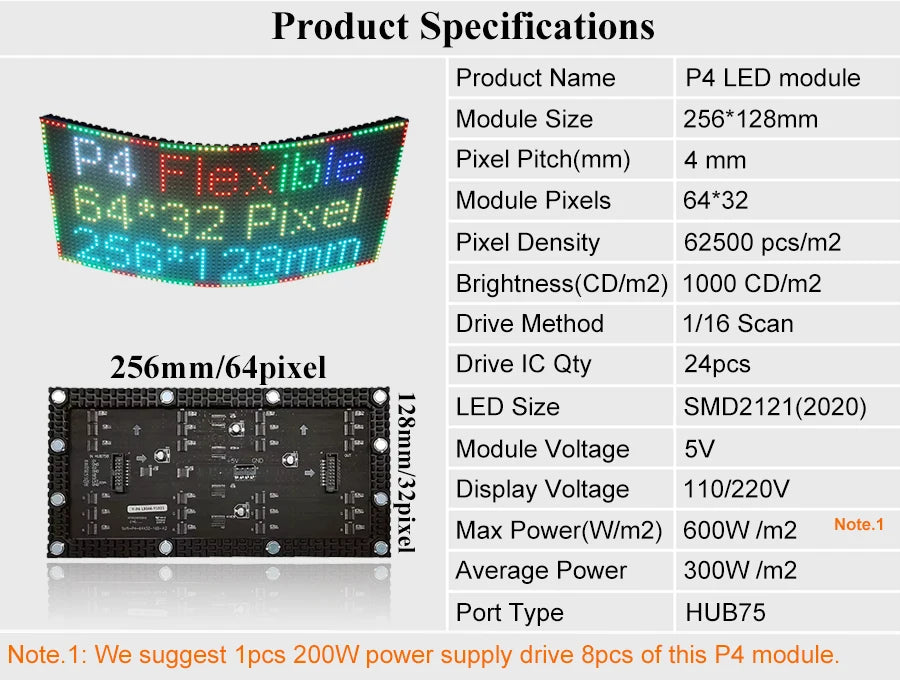 P4 Flexible LED screen panel module 256*128mm 64*32 pixels 1/16 Scan Indoor Full color P4 Flexible LED display panel module
