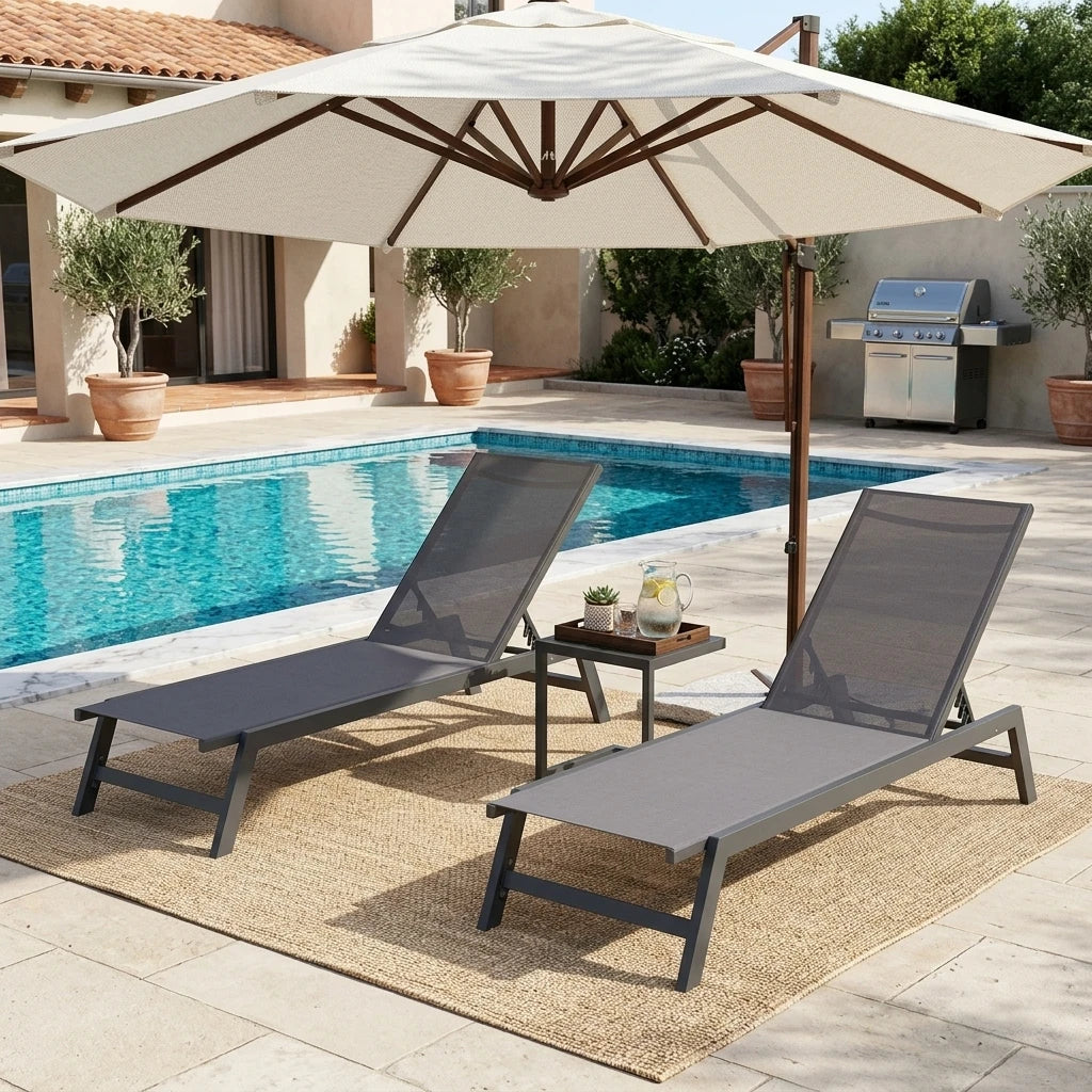 3PCS Aluminum Teslin Sun Lounger Set With Side Table Adjustable Backrest Outdoor Chaise Lounge Pool Garden Beach Hotel Sunbed