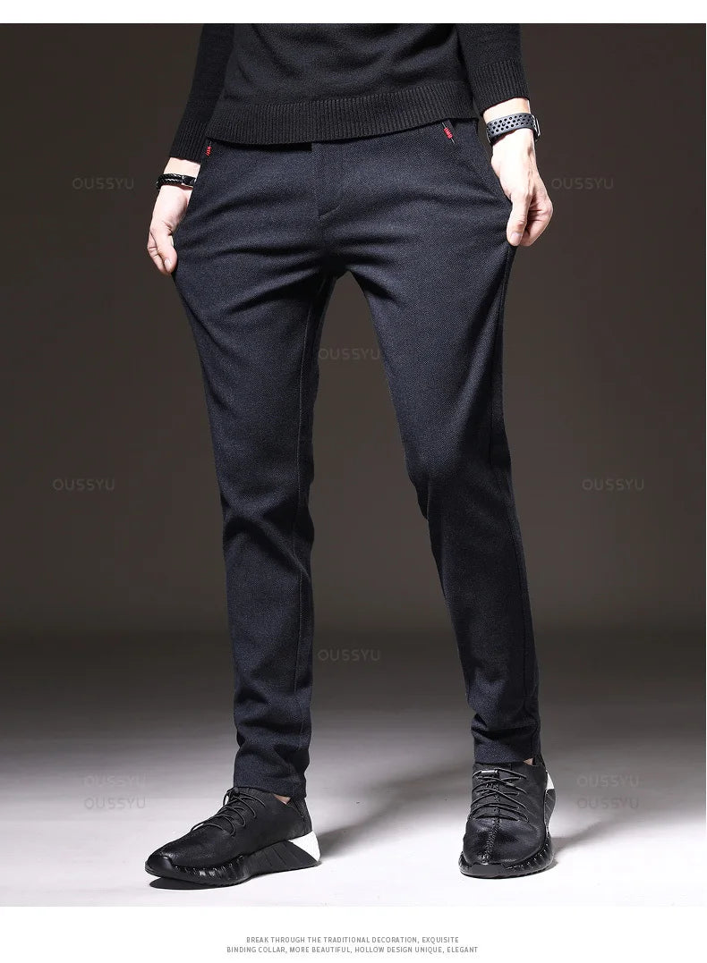 Autumn  Winter New Classic Casual Pants Men Thick Business Korea Slim Fit Stretch Gray Blue Black Brushed Fabric Trousers Male