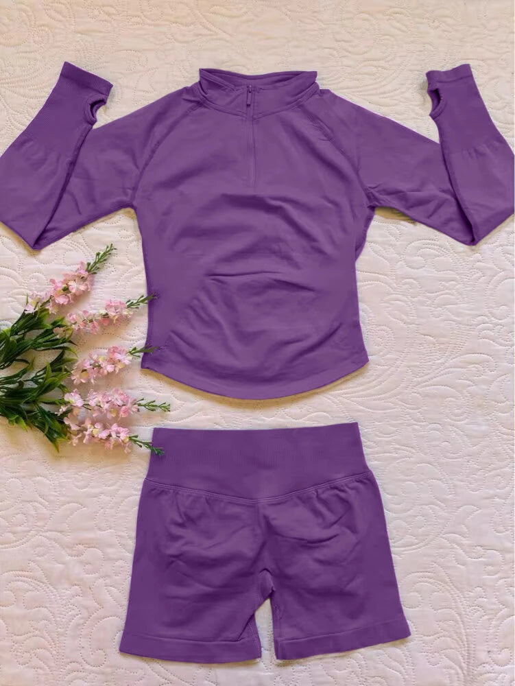2026 2pcs Long Sleeve Yoga Set Women Half Zippy Jacket Longline Sports Top Gym Shorts Fitness Suits Running Coats Workout Set