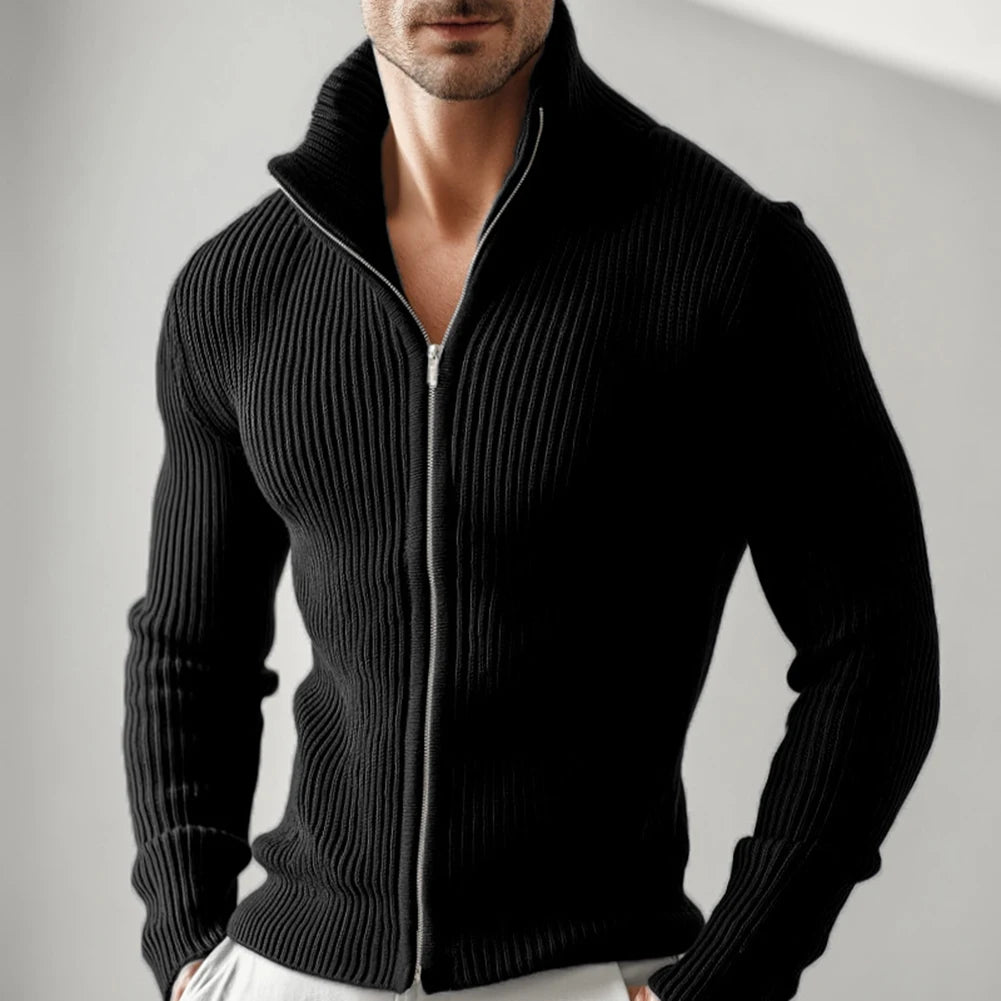 Men Full Zip Stand Collar Cardigan Sweater Knitted Thick Warm Outerwear Jacket for Daily Casual and Outdoor Wear in Cold Weather