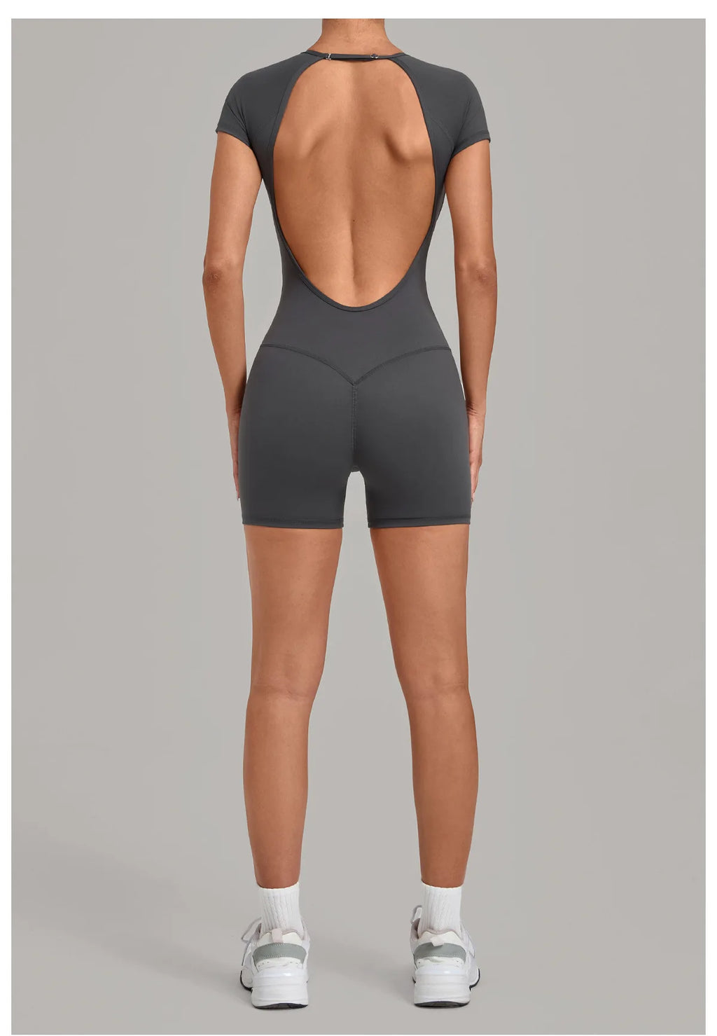 Women Short Sleeve Open Back Yoga Bodysuit Squat Proof Short Jumpsuit Gym Pilates Running Workout Fitness Sport Activewear