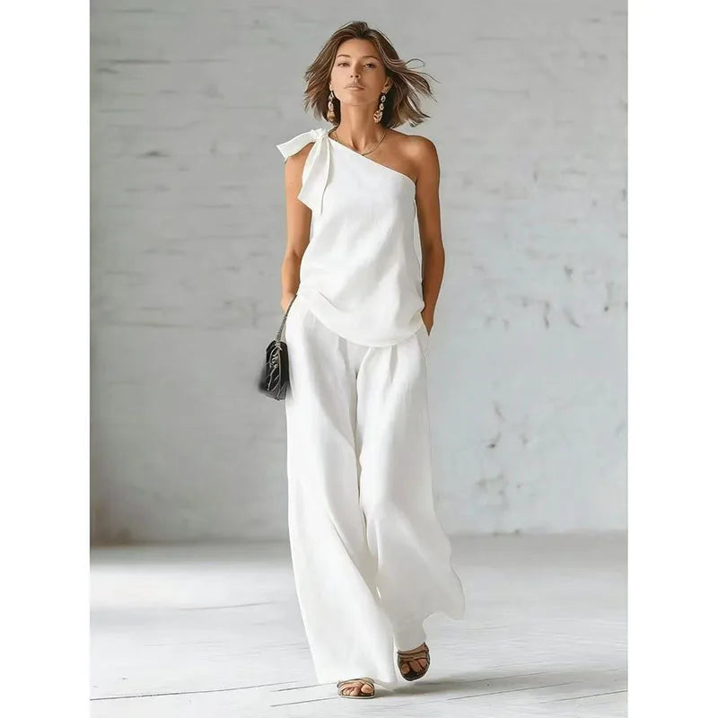 2026 Summer Sexy Off Shoulder Tank Tops Wide Leg Pants Two Piece Sets Casual Loose Solid High Waist Pants Sets Lace Tops Outfits