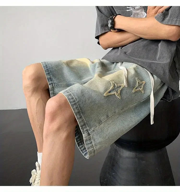 Embroidered Denim Shorts Men's Summer American Retro Street Five-point Pants Trendy Brand Trendy Loose