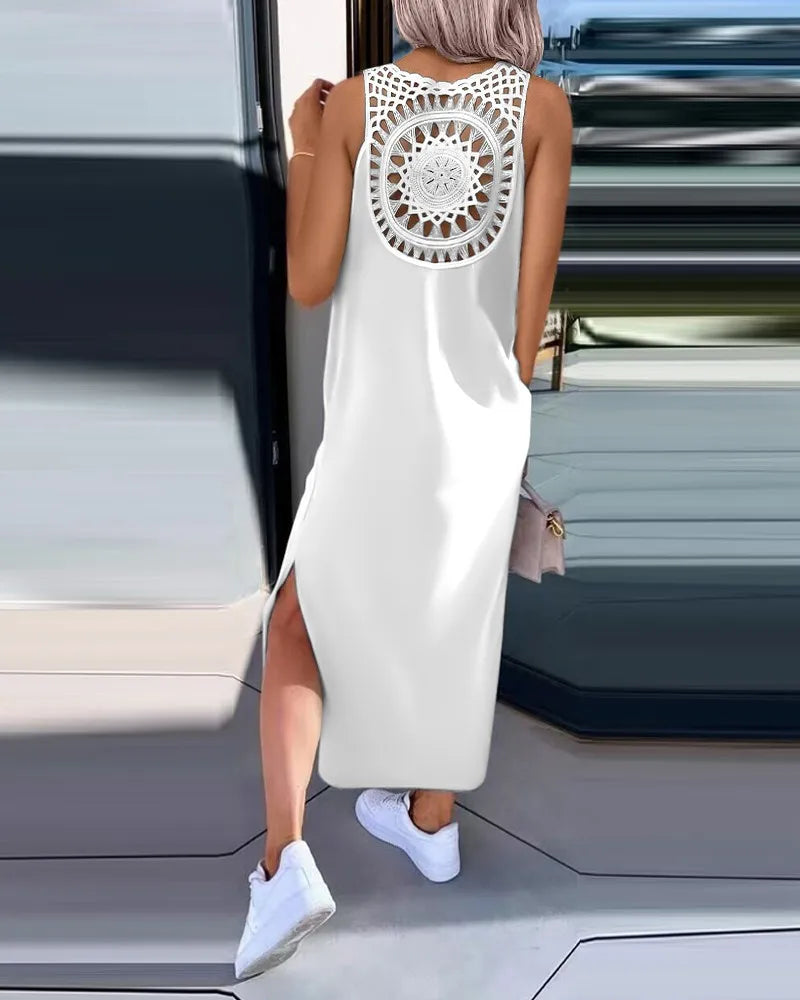 Summer Casual Temperament Fashionable Slim Fit Solid Color Round Neck A-line Skirt Lace Lace Lace Back Sleeveless Slit Dress