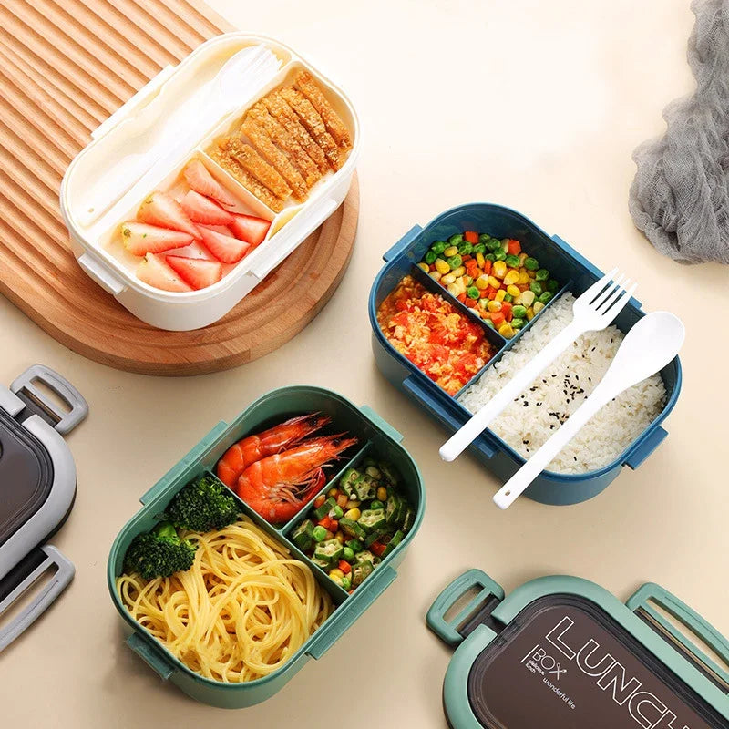 Portable Single Double-layer Lunch Box with Fork And Spoon - Compartment Fruit Food Container for Microwave And Picnic Freshness
