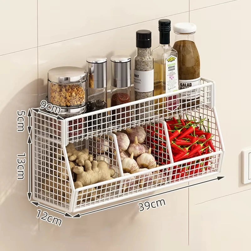 Kitchen Storage Rack with Three Compartments Screwless Wall-Mounted Multi-Functional Kitchen Storage Item for Household Use