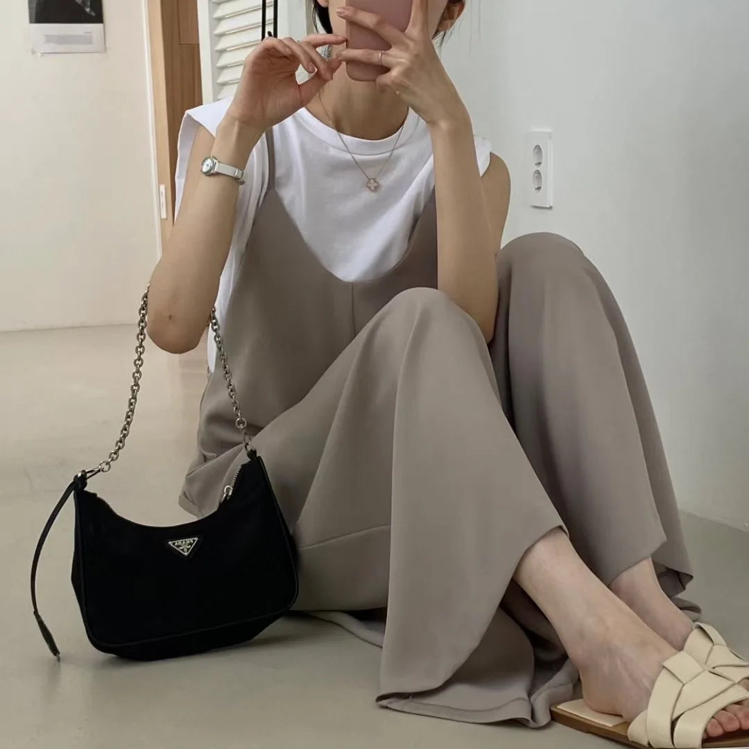 Versatile Loose Fit Slimming Shoulder Strap Pants Casual Pants Jumpsuit 2 Colors Drapey Comfortable Mid-aged Women's Pants