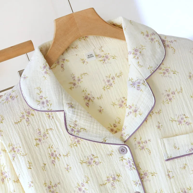 2026 Spring and Autumn Women's New Pajama Cotton Long sleeved Pants Set with Collar Flower Crape Fabric Home Clothing Set Ladies