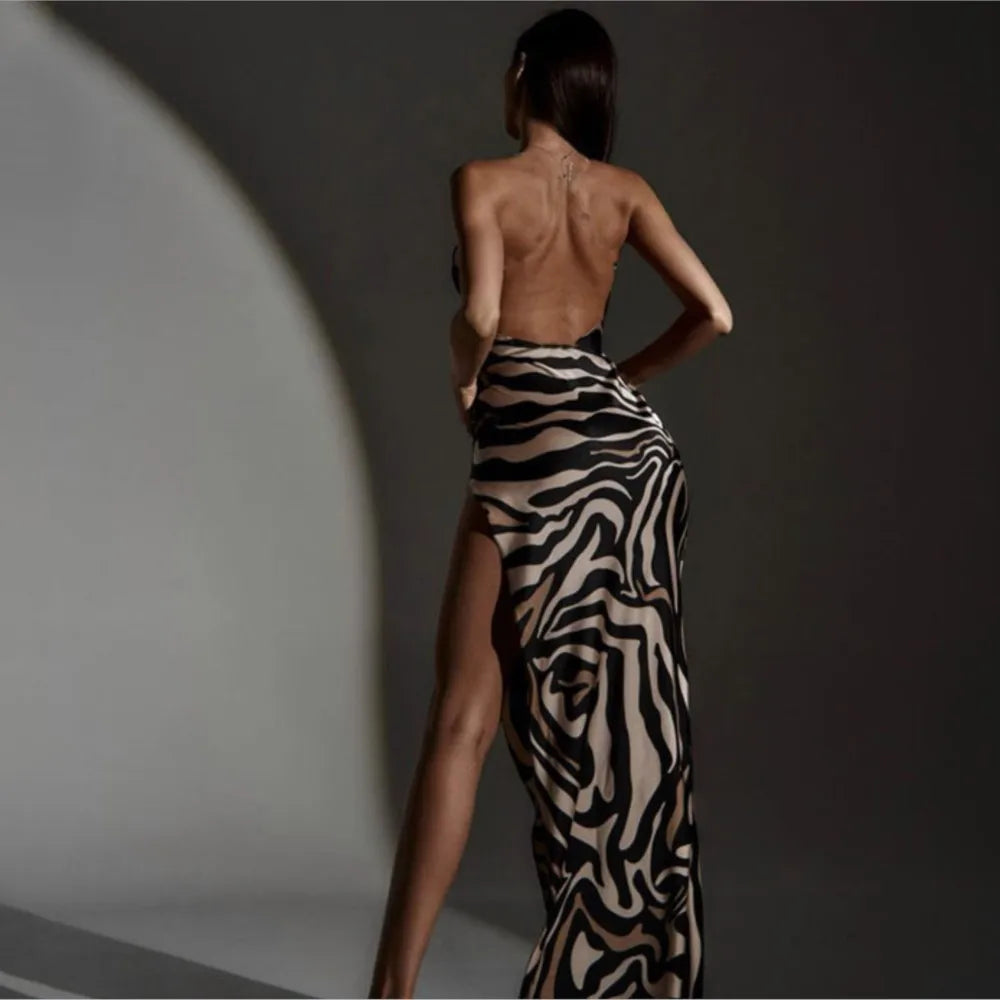 Sexy Leopard Print Dress Women's Fashion Strap Side Slit Backless Bodycon Clubwear Dress Lady Chic Party Night Club Vestido