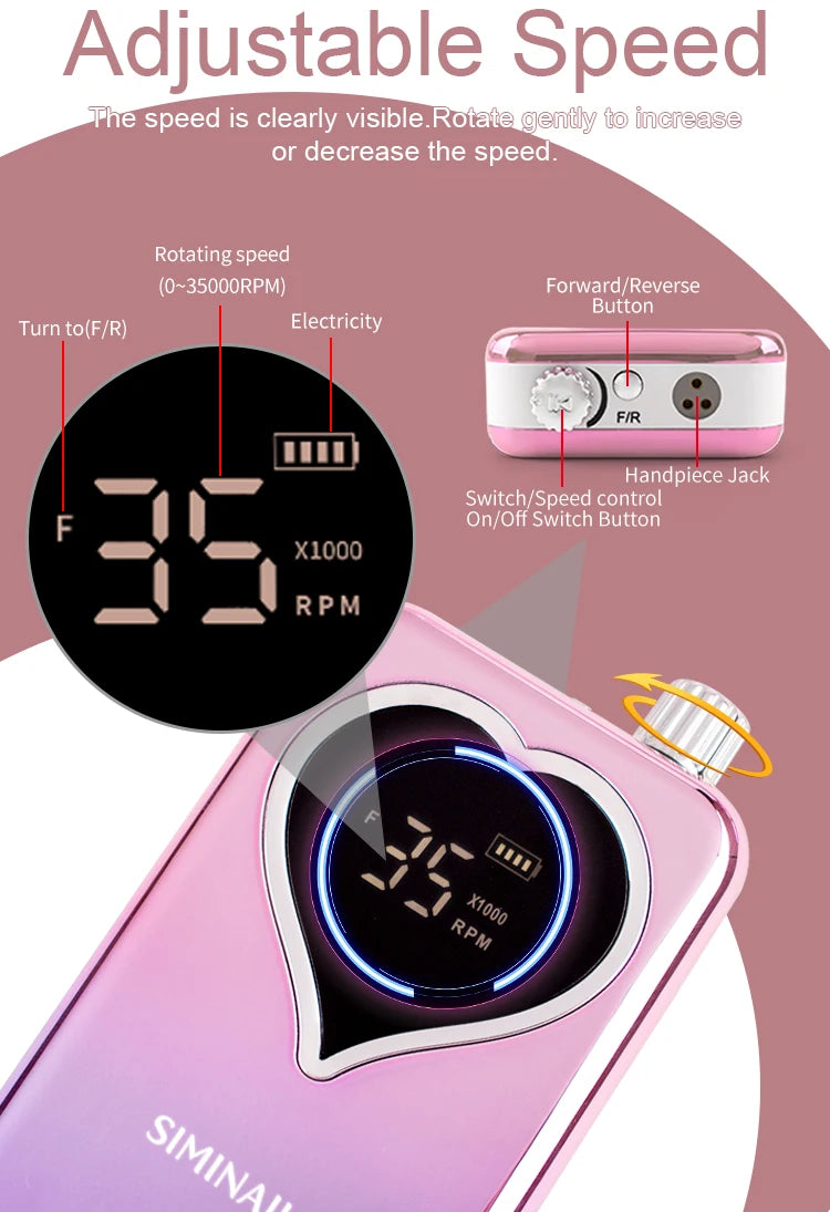SIMINAIL Professional Nail Drill Machine 35000RPM Portable Electric Nail File Rechargeable Manicure Machine Set Efile Bit Kit