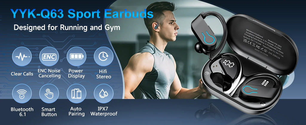 Bluetooth V6.1 Earphones True Wireless Headphones with Mic Button Control Noise Reduction Earhooks Waterproof Headset for Sports