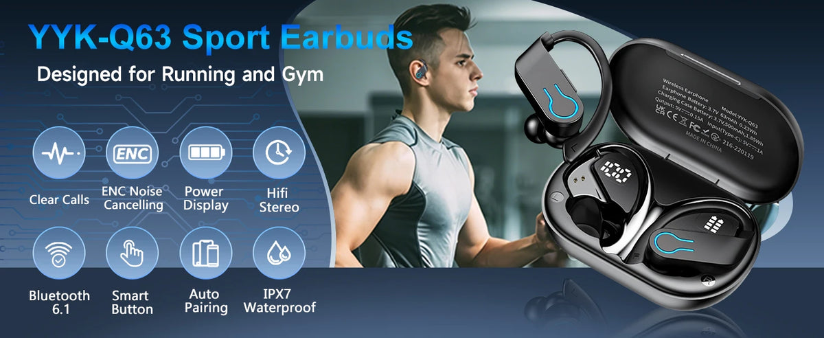 Bluetooth V6.1 Earphones True Wireless Headphones with Mic Button Control Noise Reduction Earhooks Waterproof Headset for Sports