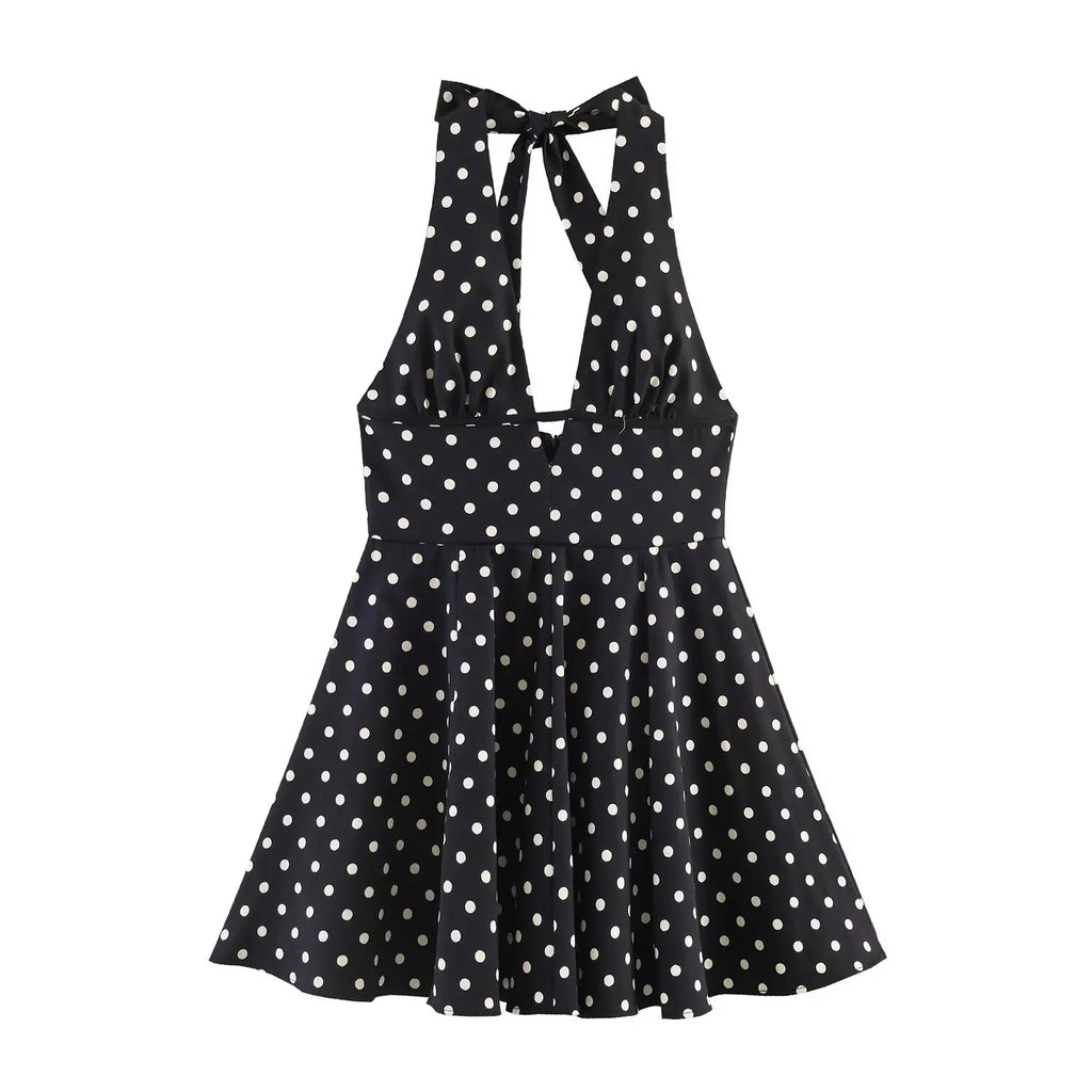 BSAY New Retro Polka Dot Halter Neck Mini Dresses Sexy Backless Tie Neck A-Line Short Dress Summer Beach Party Outfit