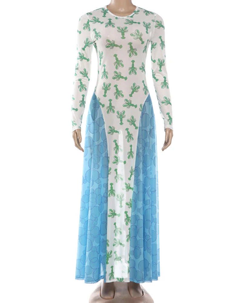 Sisterlinda Contrast Design Dress Women Crayfish Print o-Neck Full Sleeve Sexy See Through Hem Fall Ruched Elegant Long Bodycon