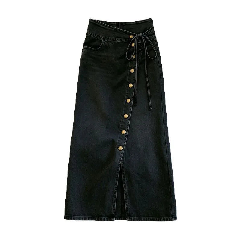 Side Slit Denim Long Skirts Womens Summer Vintage Floral Embroidery Jeans Pencil Skirt Bandage High Waist Women Long Skirt