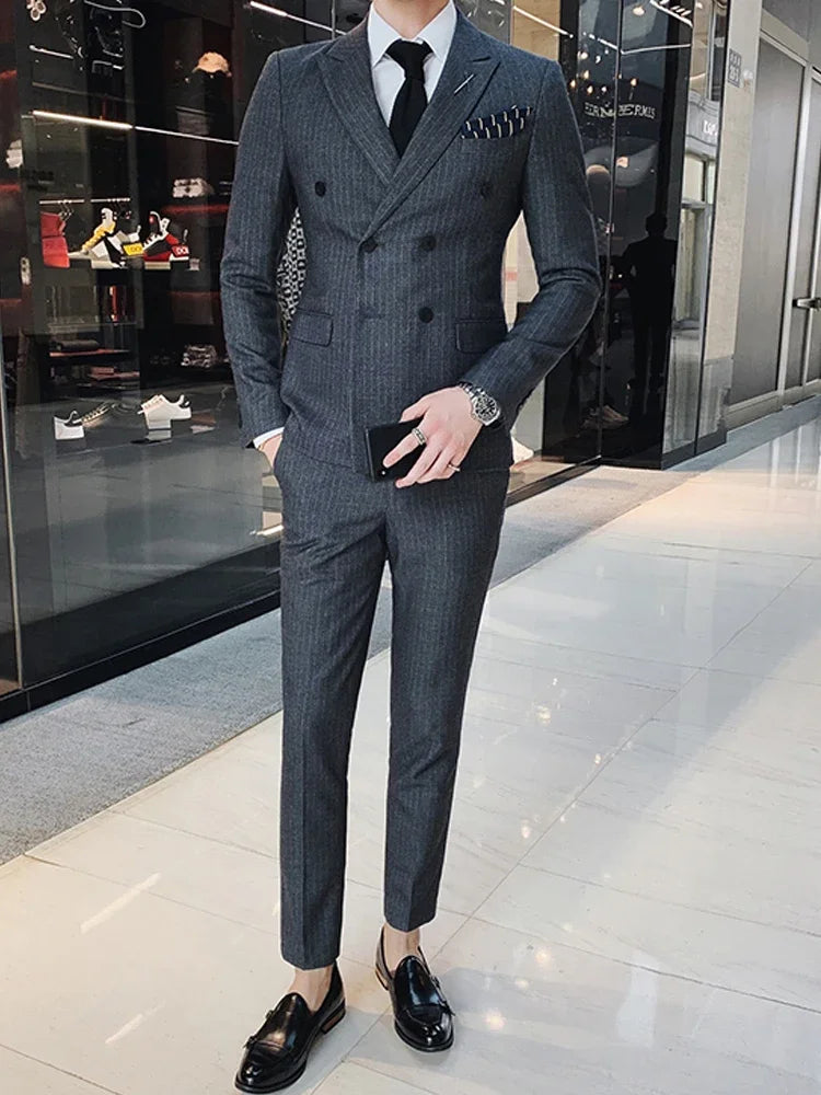 S-7XL ( Blazer + Vest + Pants ) Striped Plaid Solid Color Mens Formal Business Suit 3Pcs Set Groom Wedding Social Show Dress