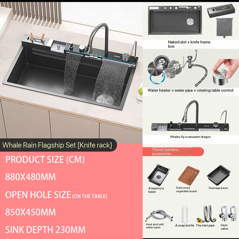 Stainless Steel Waterfall Kitchen Sink Digital Display Extra Large Single Bowl Multifunctional Household Vegetable Washing Sink