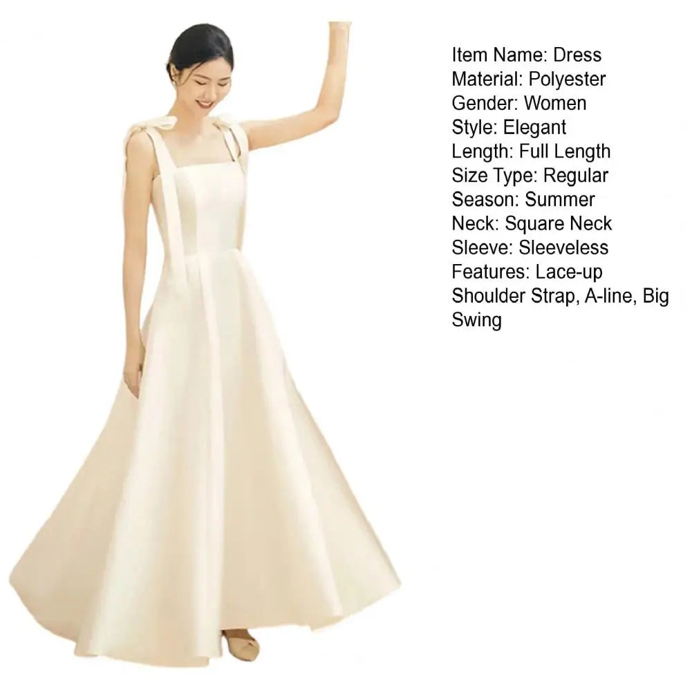 Women Wedding Dress Satin Lace-up Shoulder Strap Bow Square Neck A-line Big Swing Solid Color Sleeveless Elegant Evening Dress