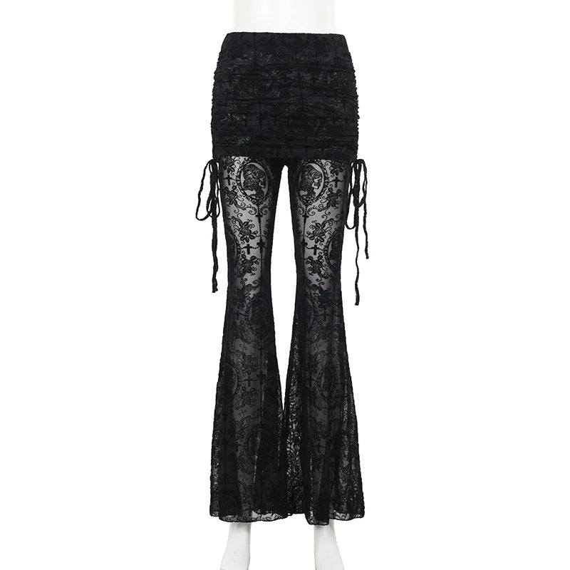AltGoth Gothic Dark Flocking Pants Women Streetwear Aesthetic Emo Alt Grunge See Through Lace-up High Waist Flare Pants Female